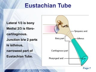 Page 7
Lateral 1/3 is bony
Medial 2/3 is fibro-
cartilaginous.
Junction b/w 2 parts
is isthmus,
narrowest part of
Eustachian Tube.
 