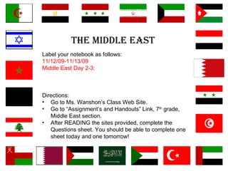 The Middle East Label your notebook as follows: 11/12/09-11/13/09 Middle East Day 2-3: Directions: Go to Ms. Wanshon’s Class Web Site.  Go to “Assignment’s and Handouts” Link, 7 th  grade, Middle East section. After READING the sites provided, complete the Questions sheet. You should be able to complete one sheet today and one tomorrow! 