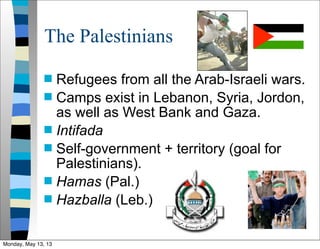 The Palestinians
 Refugees from all the Arab-Israeli wars.
 Camps exist in Lebanon, Syria, Jordon,
as well as West Bank and Gaza.
 Intifada
 Self-government + territory (goal for
Palestinians).
 Hamas (Pal.)
 Hazballa (Leb.)
Monday, May 13, 13
 
