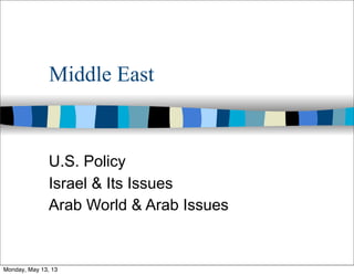 Middle East
U.S. Policy
Israel & Its Issues
Arab World & Arab Issues
Monday, May 13, 13
 