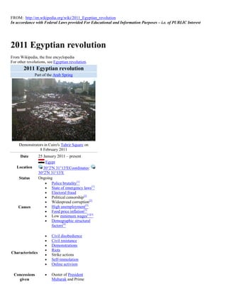 FROM: http://en.wikipedia.org/wiki/2011_Egyptian_revolution
In accordance with Federal Laws provided For Educational and Information Purposes – i.e. of PUBLIC Interest




2011 Egyptian revolution
From Wikipedia, the free encyclopedia
For other revolutions, see Egyptian revolution.
        2011 Egyptian revolution
              Part of the Arab Spring




     Demonstrators in Cairo's Tahrir Square on
                8 February 2011
     Date         25 January 2011 – present
                      Egypt
   Location          30°2′N 31°13′ECoordinates:
                  30°2′N 31°13′E
     Status       Ongoing
                       Police brutality[1]
                       State of emergency laws [1]
                       Electoral fraud
                       Political censorship [2]
                       Widespread corruption
                                                   [2]

                       High unemployment
                                               [3]
    Causes
                       Food price inflation[3]
                       Low minimum wages[1][3]
                       Demographic structural
                          factors[4]

                         Civil disobedience
                         Civil resistance
                         Demonstrations
                         Riots
Characteristics          Strike actions
                         Self-immolation
                         Online activism

 Concessions             Ouster of President
   given                  Mubarak and Prime
 