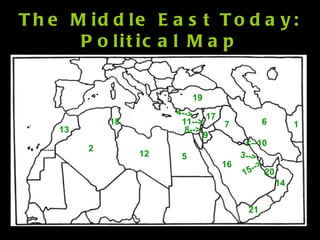 The Middle East Today: Political Map 1 2 3--> 4--> 5 6 7 8--> 11--> 9 <--10 12 13 14 15--> 16 17 18 19 20 21 