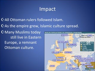 Impact All Ottoman rulers followed Islam. As the empire grew, Islamic culture spread. Many Muslims today  still live in Eastern  Europe, a remnant  of Ottoman culture. 