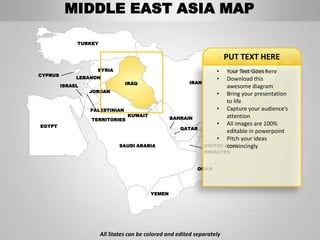 MIDDLE EAST ASIA MAP

              TURKEY


                                                                         PUT TEXT HERE
                    SYRIA                                           •     AFGHANISTAN
                                                                        Your Text Goes here
CYPRUS
              LEBANON                                               •   Download this
                                IRAQ                     IRAN
         ISRAEL                                                         awesome diagram
                  JORDAN
                                                                    • Bring your presentation
                                                                        to life
                  PALESTINIAN                                       • Capture your audience’s
                                 KUWAIT                                 attention
                  TERRITORIES                     BAHRAIN
EGYPT
                                                                    • All images are 100%
                                                      QATAR
                                                                        editable in powerpoint
                                                                    • Pitch your ideas
                              SAUDI ARABIA                      UNITED ARAB
                                                                        convincingly
                                                                EMIRATES


                                                             OMAN




                                          YEMEN




                       All States can be colored and edited separately
 