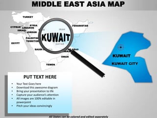 MIDDLE EAST ASIA MAP
        TURKEY


             SYRIA                              AFGHANISTAN
CYPRUS LEBANON
    ISRAEL         IRAQ                 IRAN
           JORDAN

           PALESTINIAN
                    KUWAIT     BAHRAIN
           TERRITORIES
EGYPT                              QATAR

                  SAUDI ARABIA           UNITED ARAB
                                         EMIRATES

                                         OMAN                                  KUWAIT

                           YEMEN                                               KUWAIT CITY


         PUT TEXT HERE
•   Your Text Goes here
•   Download this awesome diagram
•   Bring your presentation to life
•   Capture your audience’s attention
•   All images are 100% editable in
    powerpoint
•   Pitch your ideas convincingly


                             All States can be colored and edited separately
 