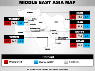 MIDDLE EAST ASIA MAP

                         TURKEY
                                                                                       IRAQ
                                                                               -0.2     12.5    6.7
   TURKEY
        CYPRUS
                              SYRIA                                    AFGHANISTAN
                         LEBANON
-3.6     14.2    5.7 ISRAEL
                                        IRAQ               IRAN                        IRAN
                              JORDAN
                                                                                5.1     12.8    7.8
                              PALESTINIAN
                                        KUWAIT        BAHRAIN
                EGYPT
                              TERRITORIES
                                                                                       EGYPT
                                                        QATAR

                                                                                4.3     -11.9   2.4
       YEMEN                           SAUDI ARABIA             UNITED ARAB
                                                                EMIRATES
8.2      24.5   -10.7                                                                  OMAN
                                                             OMAN
                                                                                14.6    15.3    20.4
                                                YEMEN




                                               Percent
       Unemployed                        Change in DGP                        Auto Sales


                         All States can be colored and edited separately
 