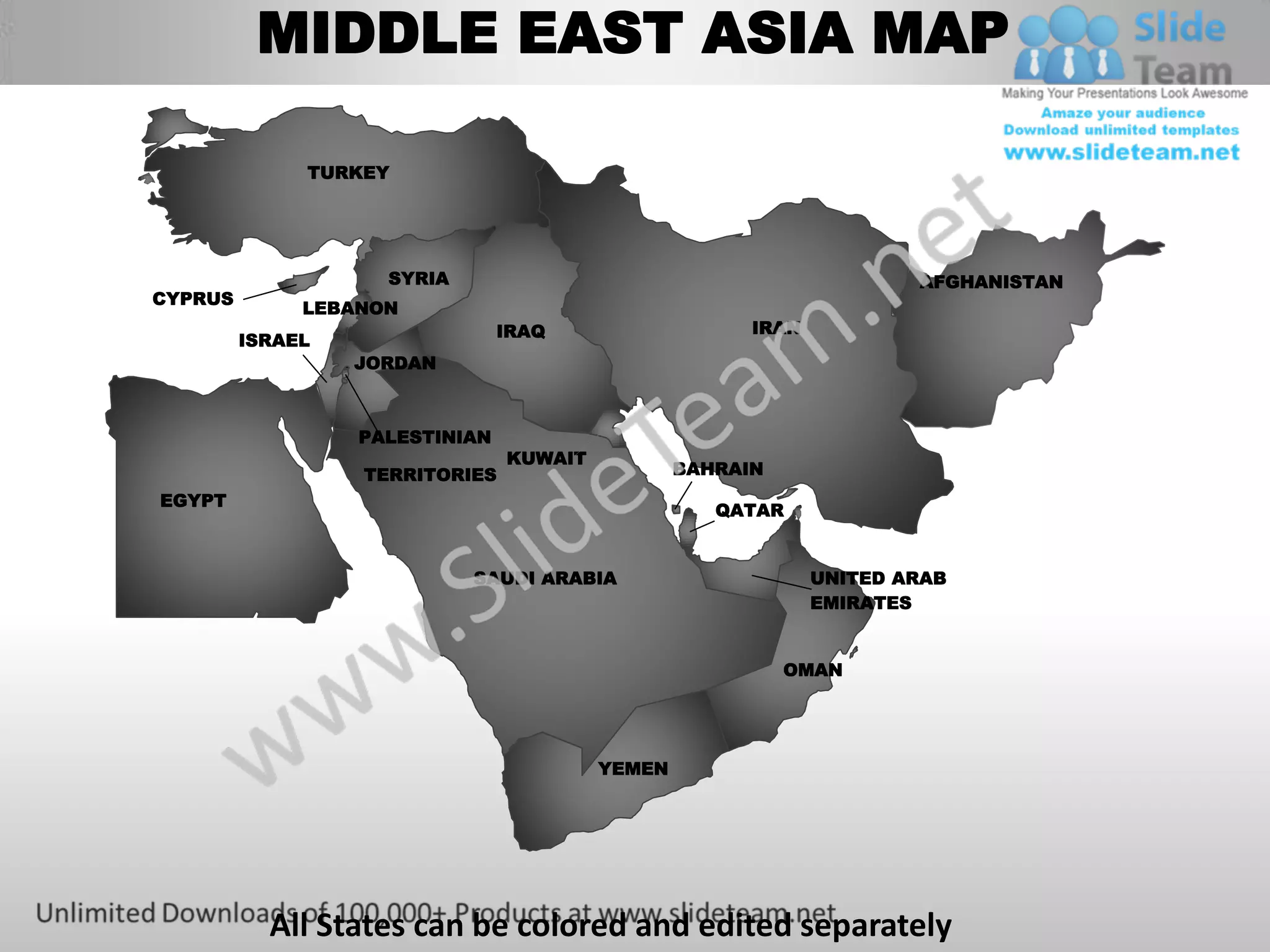 Middle east asia powerpoint editable continent map with countries ...