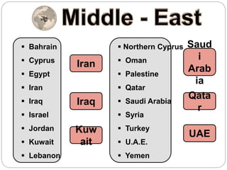  Bahrain
 Cyprus
 Egypt
 Iran
 Iraq
 Israel
 Jordan
 Kuwait
 Lebanon
 Northern Cyprus
 Oman
 Palestine
 Qatar
 Saudi Arabia
 Syria
 Turkey
 U.A.E.
 Yemen
Iran
Iraq
Kuw
ait
Saud
i
Arab
ia
Qata
r
UAE
 