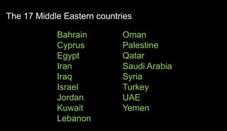 Bahrain
Cyprus
Egypt
Iran
Iraq
Israel
Jordan
Kuwait
Lebanon
The 17 Middle Eastern countries
Oman
Palestine
Qatar
Saudi Arabia
Syria
Turkey
UAE
Yemen
 