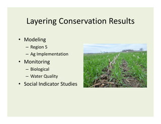 Layering Conservation Results
• Modeling
– Region 5
– Ag Implementation
• Monitoring
– Biological
– Water Quality
• Social Indicator Studies
 