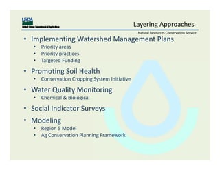 Layering Approaches
Natural Resources Conservation Service
• Implementing Watershed Management Plans
• Priority areas
• Priority practices
• Targeted Funding
• Promoting Soil Health
• Conservation Cropping System Initiative
• Water Quality Monitoring
• Chemical & Biological
• Social Indicator Surveys
• Modeling
• Region 5 Model
• Ag Conservation Planning Framework
 