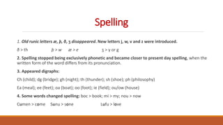 Spelling
1. Old runic letters æ, þ, ð, ʒ disappeared. New letters j, w, v and z were introduced.
ð > th þ > w æ > e ʒ > y or g
2. Spelling stopped being exclusively phonetic and became closer to present day spelling, when the
written form of the word differs from its pronunciation.
3. Appeared digraphs:
Ch (child); dg (bridge); gh (night); th (thunder); sh (shoe); ph (philosophy)
Ea (meal); ee (feet); oa (boat); oo (foot); ie (field); ou/ow (house)
4. Some words changed spelling: boc > book; mi > my; nou > now
Cumen > come Sunu > sone Lufu > love
 