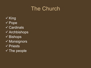 The Church
 King
 Pope
 Cardinals
 Archbishops
 Bishops
 Monsignors
 Priests
 The people
 