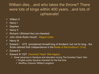 William dies…and who takes the throne? There
were lots of kings within 400 years…and lots of
upheavals!
 William II
 Henry I
 Stephen
 Henry II
 Richard I (Richard the Lion-Hearted)
 John (think Robin Hood!) Magna Carta
 Henry III
 Edward I 1272 (proclaimed himself king of Scotland, but not for long…the
Scots claimed their independence in the Battle of Bannockburn 1314)
 Edward II
 Edward III 1327 (Hundred Years’ War began)
 Great advances in literature and education during The Hundred Years’ War:
 English poetry became important for the first time
 Geoffrey Chaucer/ William Langland
 