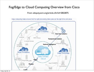 From http://www.ic.unicamp.br/~bit/mo809/seminarios/Marcio-Fog/suporte/Fog%20Computing-%20A%20Platform%20for%20Internet%20of%20Things%20and%20Analytics.pdf
Example of Multilevel Analytics from U of Campinas in Brazil
Tuesday, May 17, 16
 