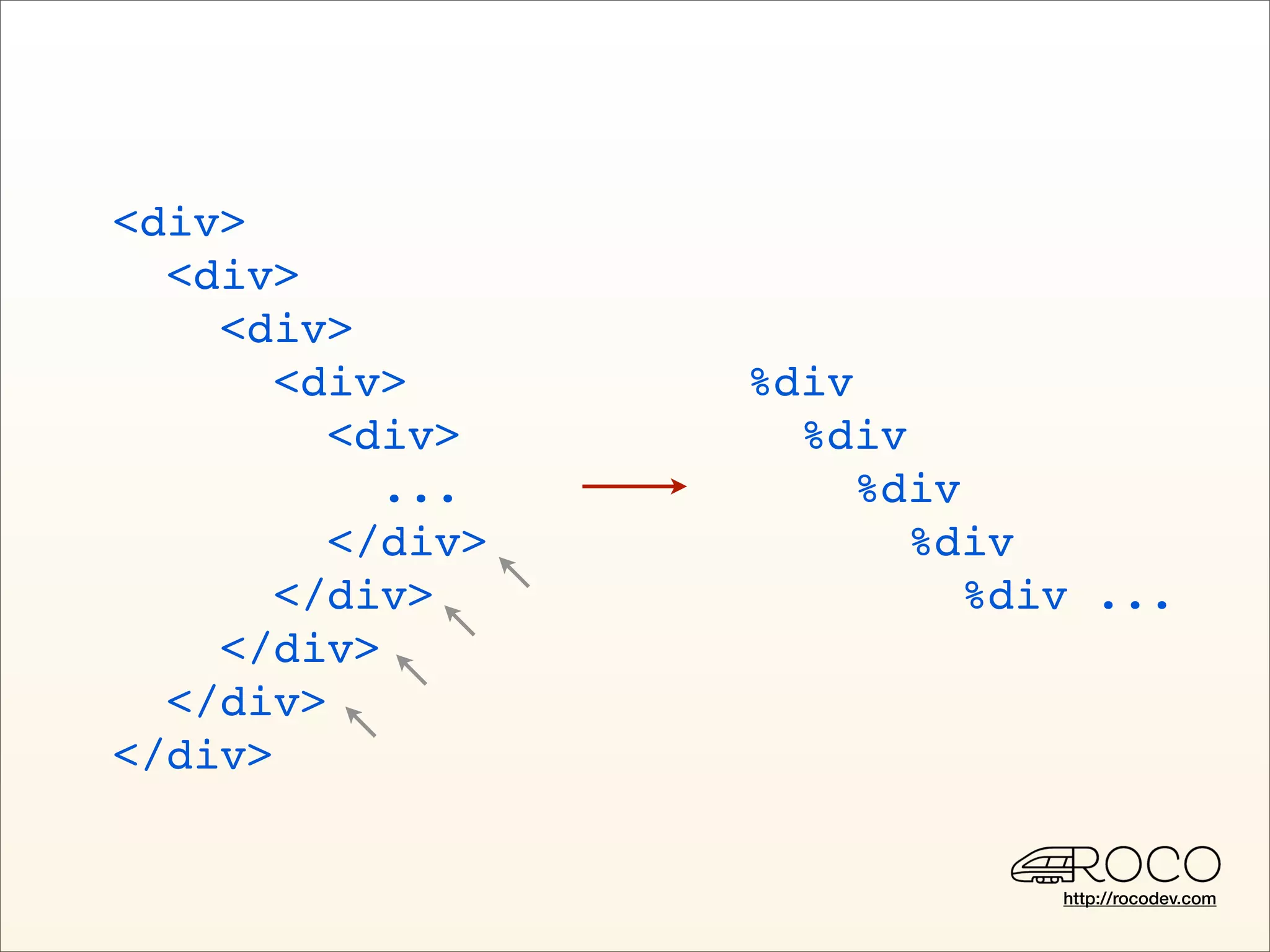 <div>
  <div>
    <div>
       <div>      %div
         <div>      %div
           ...         %div
         </div>          %div
       </div>               %div ...
    </div>
  </div>
</div>


                               http://rocodev.com
 