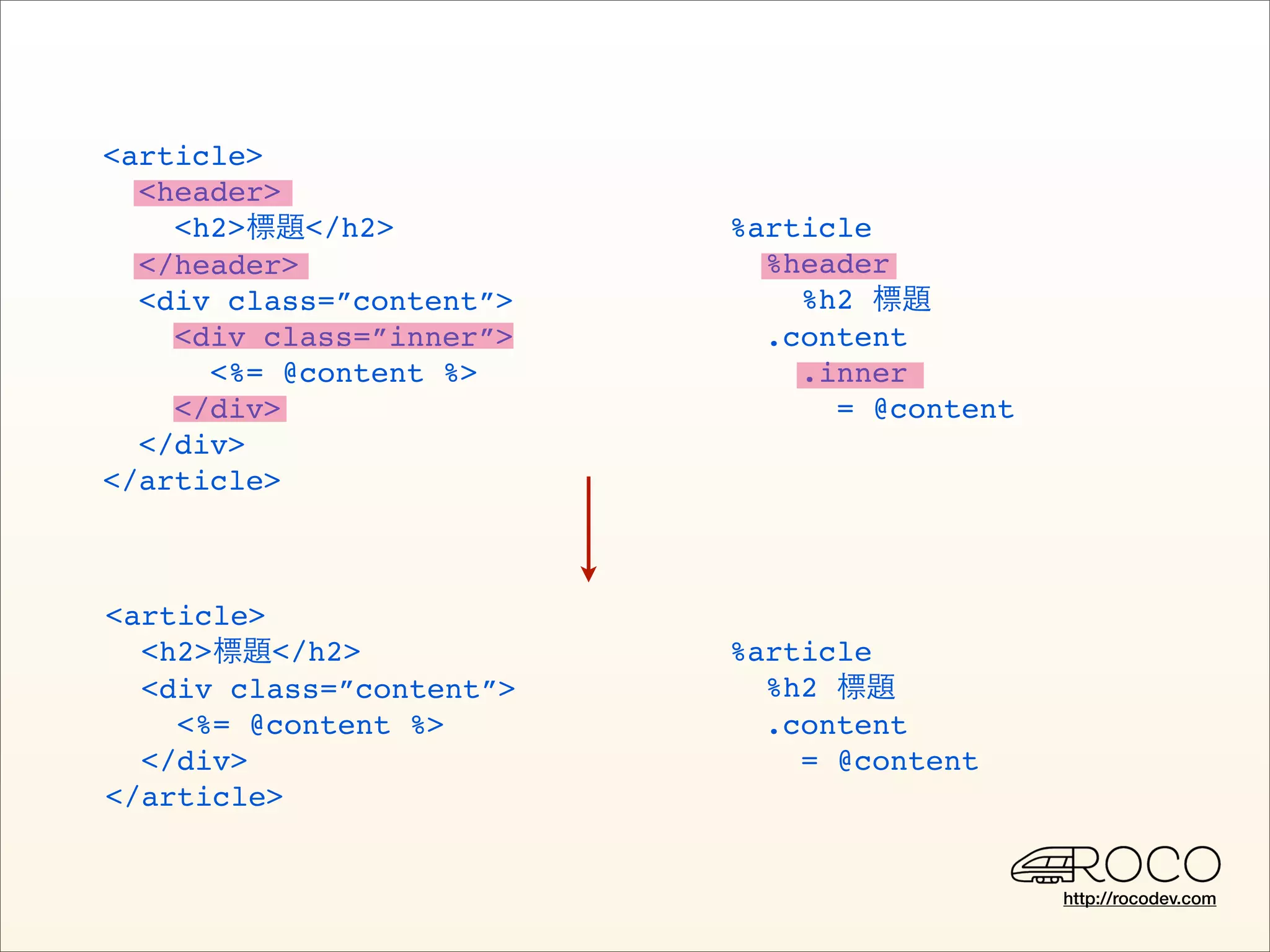<article>
  <header>
    <h2>標題</h2>           %article
  </header>                 %header
  <div class=”content”>       %h2 標題
    <div class=”inner”>     .content
      <%= @content %>         .inner
    </div>                      = @content
  </div>
</article>



<article>
  <h2>標題</h2>             %article
  <div class=”content”>     %h2 標題
    <%= @content %>         .content
  </div>                      = @content
</article>


                                             http://rocodev.com
 