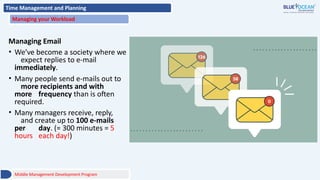 Time Management and Planning
Managing your Workload
Managing Email
• We’ve become a society where we
expect replies to e-mail
immediately.
• Many people send e-mails out to
more recipients and with
more frequency than is often
required.
• Many managers receive, reply,
and create up to 100 e-mails
per day. (= 300 minutes = 5
hours each day!)
Middle Management Development Program
 