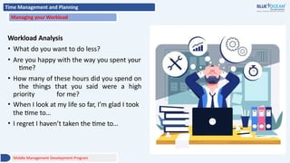 Time Management and Planning
Managing your Workload
Workload Analysis
• What do you want to do less?
• Are you happy with the way you spent your
time?
• How many of these hours did you spend on
the things that you said were a high
priority for me?
• When I look at my life so far, I’m glad I took
the time to…
• I regret I haven’t taken the time to…
Middle Management Development Program
 
