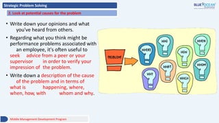 Strategic Problem Solving
2. Look at potential causes for the problem
• Write down your opinions and what
you've heard from others.
• Regarding what you think might be
performance problems associated with
an employee, it's often useful to
seek advice from a peer or your
supervisor in order to verify your
impression of the problem.
• Write down a description of the cause
of the problem and in terms of
what is happening, where,
when, how, with whom and why.
Middle Management Development Program
 