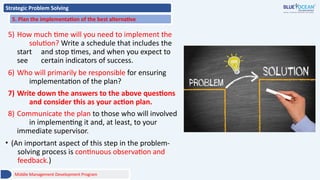 Strategic Problem Solving
5. Plan the implementation of the best alternative
5) How much time will you need to implement the
solution? Write a schedule that includes the
start and stop times, and when you expect to
see certain indicators of success.
6) Who will primarily be responsible for ensuring
implementation of the plan?
7) Write down the answers to the above questions
and consider this as your action plan.
8) Communicate the plan to those who will involved
in implementing it and, at least, to your
immediate supervisor.
• (An important aspect of this step in the problem-
solving process is continuous observation and
feedback.)
Middle Management Development Program
 