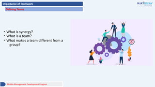 Importance of Teamwork
Defining Teams
• What is synergy?
• What is a team?
• What makes a team different from a
group?
Middle Management Development Program
 