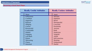 Importance of Teamwork
Becoming a Good Team Player
Really Useful Attitudes Really Useless Attitudes
 Warm  Angry
 Enthusiastic  Sarcastic
 Confident  Impatient
 Supportive  Bored
 Relaxed  Disrespectful
 Obliging  Conceited
 Curious  Pessimistic
 Resourceful  Anxious
 Comfortable  Rude
 Helpful  Suspicious
 Engaging  Vengeful
 Laid Back  Afraid
 Patient  Self-conscious
 Welcoming  Mocking
 Cheery  Embarrassed
 Interested  Dutiful
Middle Management Development Program
 