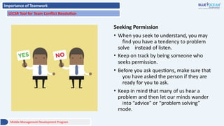 Importance of Teamwork
LECSR Tool for Team Conflict Resolution
Seeking Permission
• When you seek to understand, you may
find you have a tendency to problem
solve instead of listen.
• Keep on track by being someone who
seeks permission.
• Before you ask questions, make sure that
you have asked the person if they are
ready for you to ask.
• Keep in mind that many of us hear a
problem and then let our minds wander
into “advice” or “problem solving”
mode.
Middle Management Development Program
 