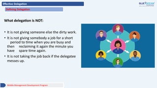 Effective Delegation
Defining Delegation
What delegation is NOT:
• It is not giving someone else the dirty work.
• It is not giving somebody a job for a short
period to time when you are busy and
then reclaiming it again the minute you
have spare time again.
• It is not taking the job back if the delegatee
messes up.
Middle Management Development Program
 
