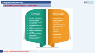 Management and Leadership
Types of Management Styles – 2- Participative
Middle Management Development Program
 