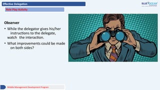Effective Delegation
Role Play Activity
Observer
• While the delegator gives his/her
instructions to the delegate,
watch the interaction.
• What improvements could be made
on both sides?
Middle Management Development Program
 