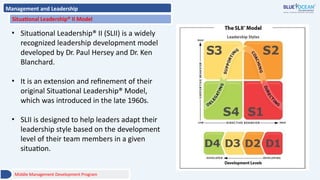 Management and Leadership
Situational Leadership® II Model
• Situational Leadership® II (SLII) is a widely
recognized leadership development model
developed by Dr. Paul Hersey and Dr. Ken
Blanchard.
• It is an extension and refinement of their
original Situational Leadership® Model,
which was introduced in the late 1960s.
• SLII is designed to help leaders adapt their
leadership style based on the development
level of their team members in a given
situation.
Middle Management Development Program
 
