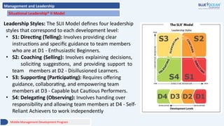 Management and Leadership
Situational Leadership® II Model
Leadership Styles: The SLII Model defines four leadership
styles that correspond to each development level:
• S1: Directing (Telling): Involves providing clear
instructions and specific guidance to team members
who are at D1 - Enthusiastic Beginners.
• S2: Coaching (Selling): Involves explaining decisions,
soliciting suggestions, and providing support to
team members at D2 - Disillusioned Learners.
• S3: Supporting (Participating): Requires offering
guidance, collaborating, and empowering team
members at D3 - Capable but Cautious Performers.
• S4: Delegating (Observing): Involves handing over
responsibility and allowing team members at D4 - Self-
Reliant Achievers to work independently
Middle Management Development Program
 