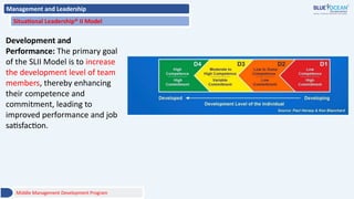 Management and Leadership
Situational Leadership® II Model
Development and
Performance: The primary goal
of the SLII Model is to increase
the development level of team
members, thereby enhancing
their competence and
commitment, leading to
improved performance and job
satisfaction.
Middle Management Development Program
 