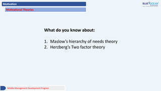 Motivation
Motivational Theories
Middle Management Development Program
What do you know about:
1. Maslow’s hierarchy of needs theory
2. Herzberg’s Two factor theory
 