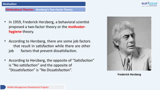 Motivation
Motivational Theories - Herzberg’s Two-Factor Theory
• In 1959, Frederick Herzberg, a behavioral scientist
proposed a two-factor theory or the motivator-
hygiene theory.
• According to Herzberg, there are some job factors
that result in satisfaction while there are other
job factors that prevent dissatisfaction.
• According to Herzberg, the opposite of “Satisfaction”
is “No satisfaction” and the opposite of
“Dissatisfaction” is “No Dissatisfaction”.
Frederick Herzberg
Middle Management Development Program
 