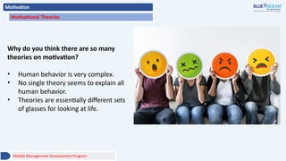 Motivation
Motivational Theories
Why do you think there are so many
theories on motivation?
• Human behavior is very complex.
• No single theory seems to explain all
human behavior.
• Theories are essentially different sets
of glasses for looking at life.
Middle Management Development Program
 