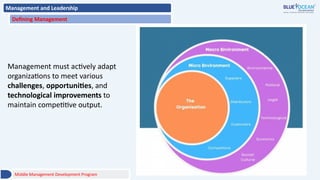 Management and Leadership
Defining Management
Management must actively adapt
organizations to meet various
challenges, opportunities, and
technological improvements to
maintain competitive output.
Middle Management Development Program
 