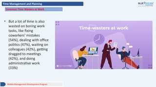 Time Management and Planning
Common Time Wasters at Work
• But a lot of time is also
wasted on boring work
tasks, like fixing
coworkers' mistakes
(54%), dealing with office
politics (47%), waiting on
colleagues (42%), getting
dragged to meetings
(42%), and doing
administrative work
(33%)
Middle Management Development Program
 