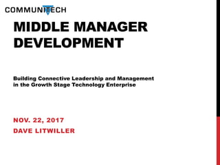 MIDDLE MANAGER
DEVELOPMENT
Building Connective Leadership and Management
in the Growth Stage Technology Enterprise
NOV. 22, 2017
DAVE LITWILLER
 