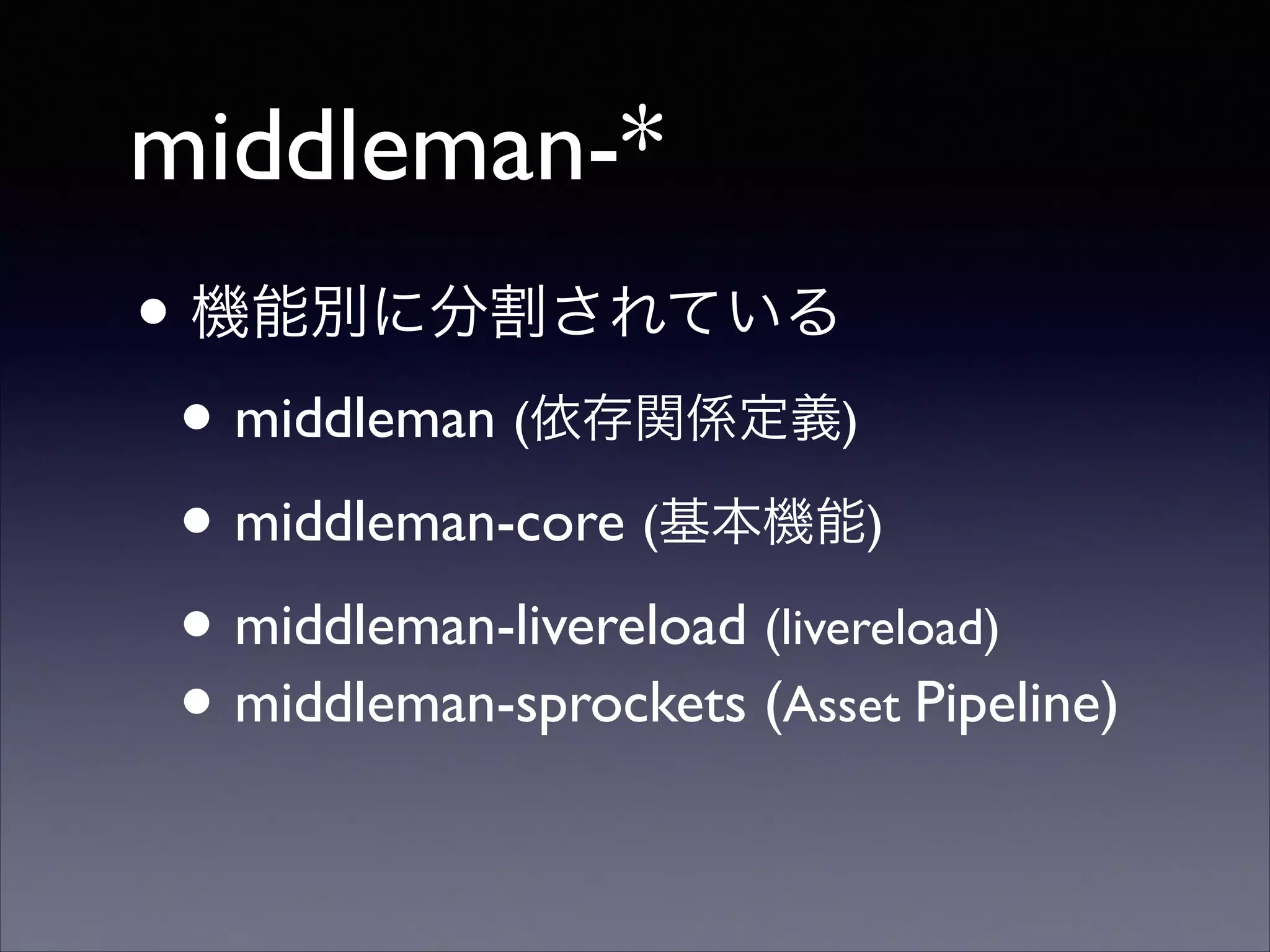 middleman-*
• 機能別に分割されている	

• middleman (依存関係定義)	

• middleman-core (基本機能)	

• middleman-livereload (livereload)	

• middleman-sprockets (Asset Pipeline)

 