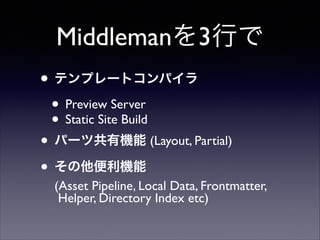 Middlemanを3行で
• テンプレートコンパイラ
• Preview Server	

• Static Site Build	

• パーツ共有機能 (Layout, Partial)	

• その他便利機能  

(Asset Pipeline, Local Data, Frontmatter, 
Helper, Directory Index etc)

 