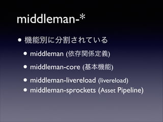 middleman-*
• 機能別に分割されている	

• middleman (依存関係定義)	

• middleman-core (基本機能)	

• middleman-livereload (livereload)	

• middleman-sprockets (Asset Pipeline)

 