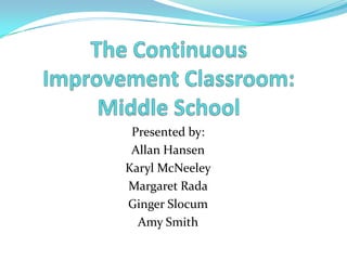 The Continuous Improvement Classroom: Middle School Presented by: Allan Hansen Karyl McNeeley Margaret Rada Ginger Slocum Amy Smith 