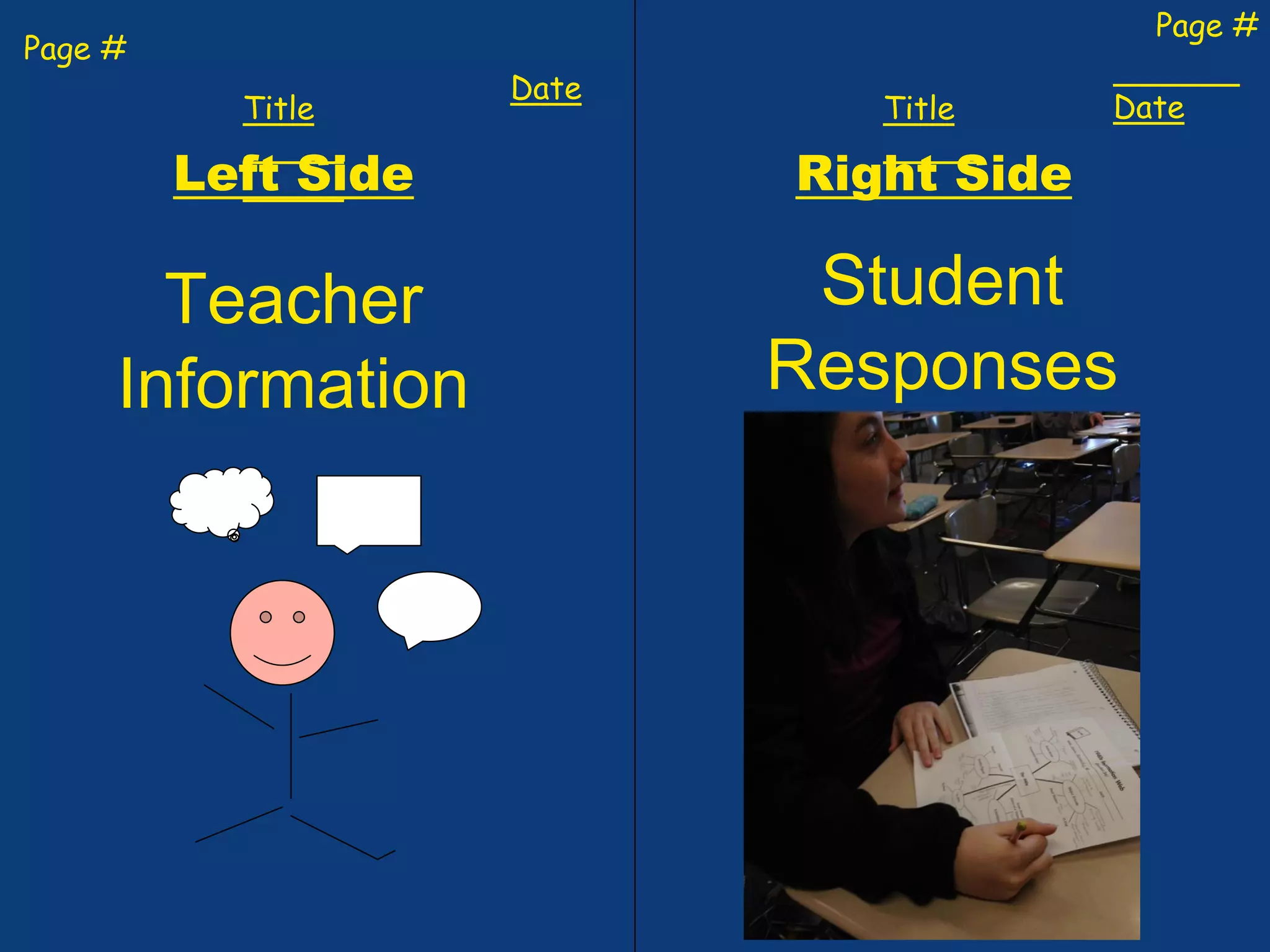 Left Side Right Side
Page #
Teacher
Information
Page #
Title Title
Date
Date
Student
Responses
 