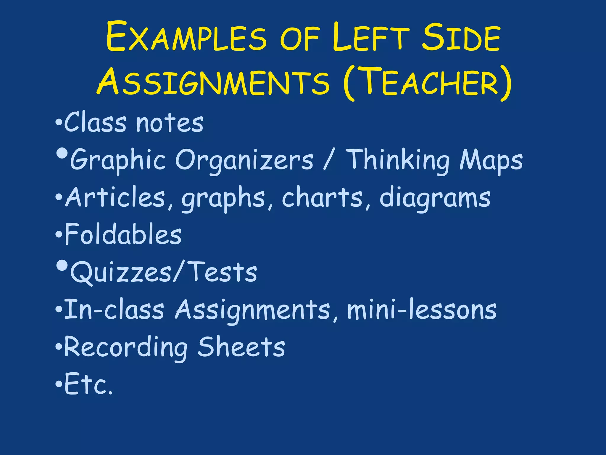 EXAMPLES OF LEFT SIDE
ASSIGNMENTS (TEACHER)
•Class notes
•Graphic Organizers / Thinking Maps
•Articles, graphs, charts, diagrams
•Foldables
•Quizzes/Tests
•In-class Assignments, mini-lessons
•Recording Sheets
•Etc.
 