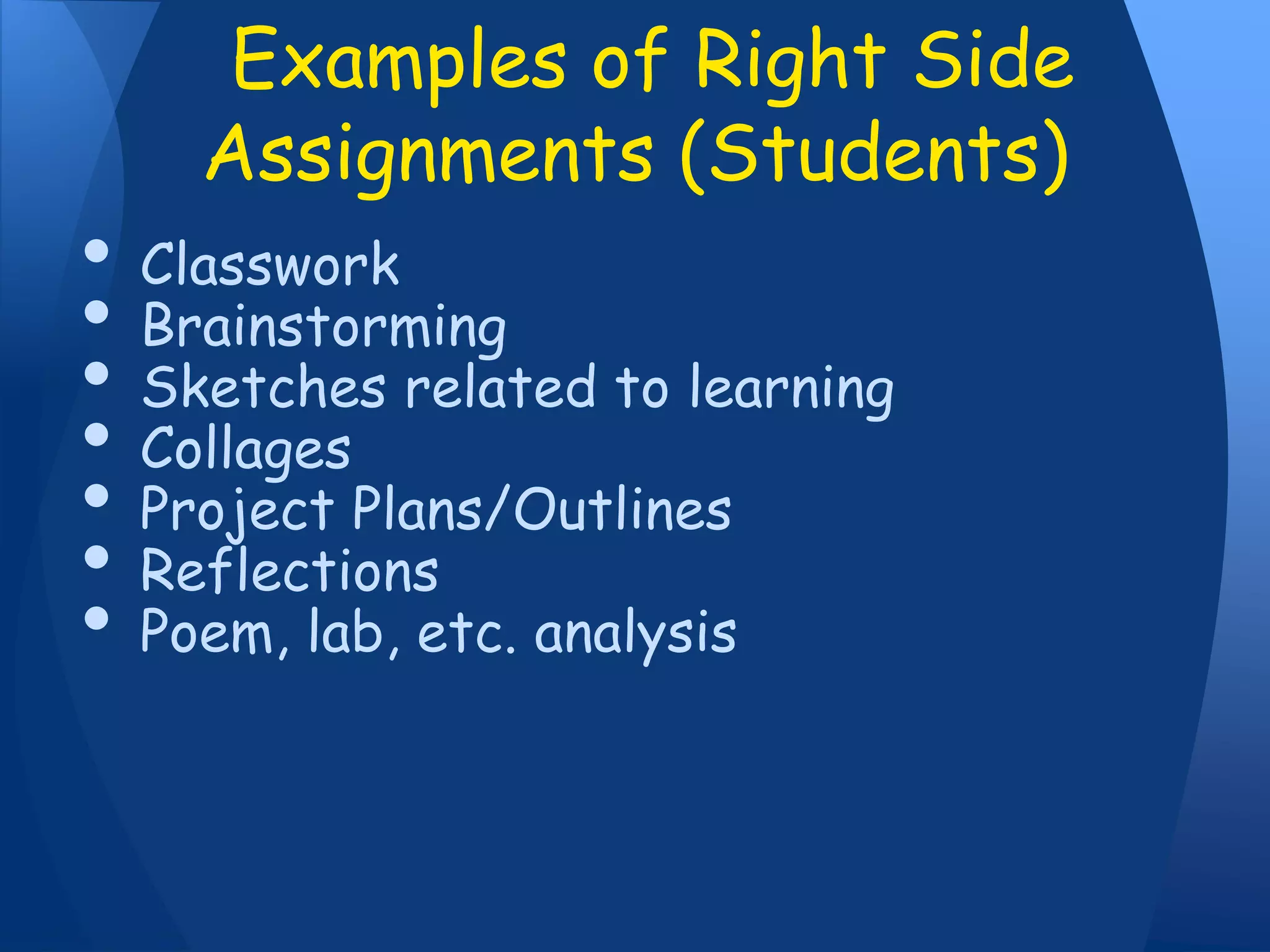 • Classwork
• Brainstorming
• Sketches related to learning
• Collages
• Project Plans/Outlines
• Reflections
• Poem, lab, etc. analysis
Examples of Right Side
Assignments (Students)
 