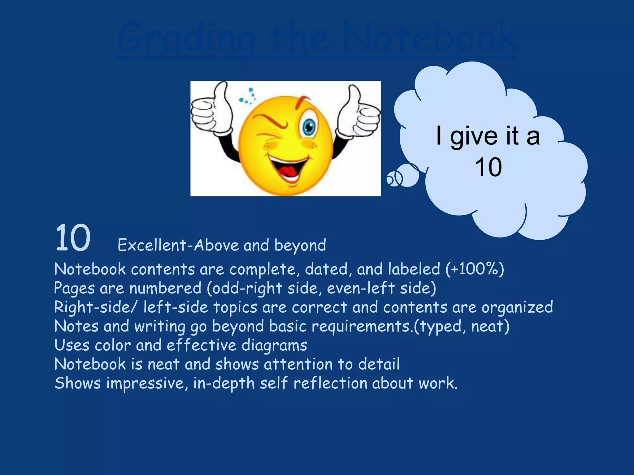 Grading the Notebook
10 Excellent-Above and beyond
Notebook contents are complete, dated, and labeled (+100%)
Pages are numbered (odd-right side, even-left side)
Right-side/ left-side topics are correct and contents are organized
Notes and writing go beyond basic requirements.(typed, neat)
Uses color and effective diagrams
Notebook is neat and shows attention to detail
Shows impressive, in-depth self reflection about work.
I give it a
10
 
