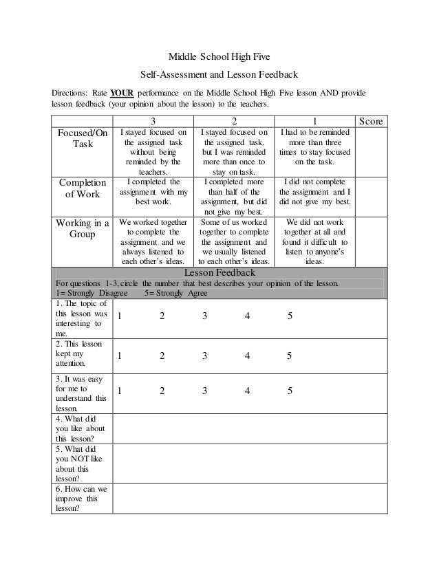 Middle School High Five Rubric