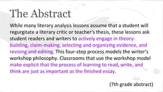 The Abstract 
While many literary analysis lessons assume that a student will 
regurgitate a literary critic or teacher’s thesis, these lessons ask 
student readers and writers to actively engage in theory-building, 
claim-making, selecting and organizing evidence, and 
revising and editing. This four-step process models the writer’s 
workshop philosophy. Classrooms that use the workshop model 
make explicit that the process of learning to read, write, and 
think are just as important as the finished essay. 
(7th grade abstract) 
 